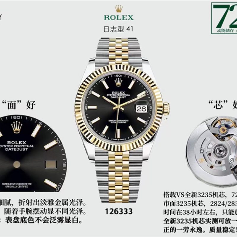 vs工厂41mm劳力士日志间金黑面丹东3235机芯